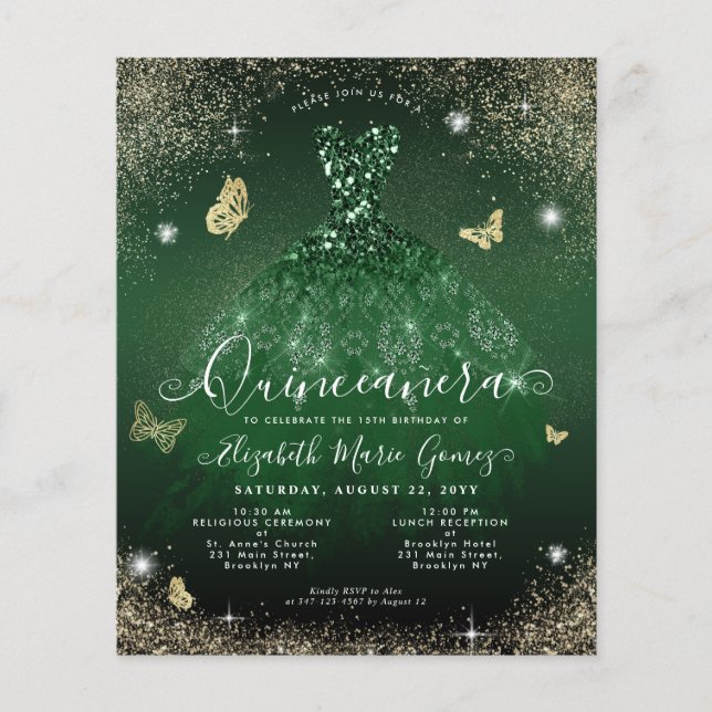 Flyer Tarjeta Quinceanera barata de oro verde esmeralda (Frente)