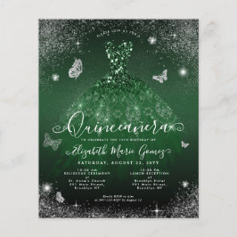Flyer Tarjeta Quinceanera Barata de Plata Verde Esmerald