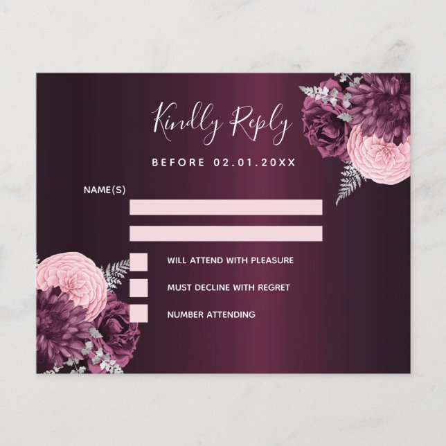 Flyer Tarjeta RSVP de boda floral rosa de Borgoña (Frente)