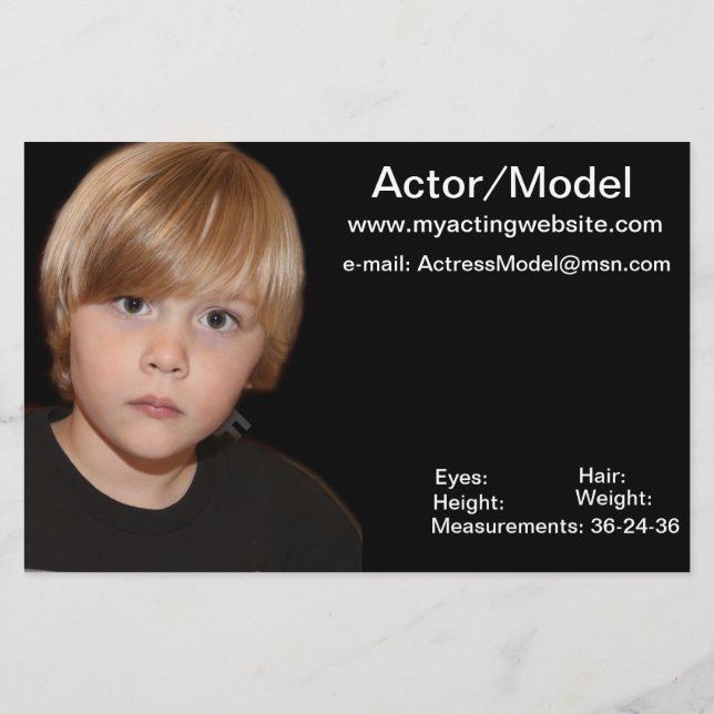 Flyer Tarjetas Comp de Actor Modelo para Niños (Atrás)