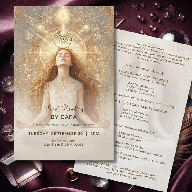 Flyer Tarot Mystic Wye Moon Gold (Tarot Mystic Woman Eye Moon Gold Flyer)