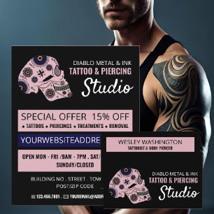 Flyer Tatuaje de cráneo rosado, estudio de tatuaje y pér