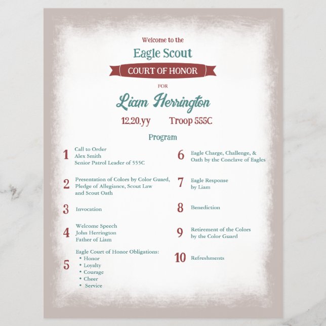 Flyer Teal Green, Burgundy Eagle Court of Honor Program (Frente)