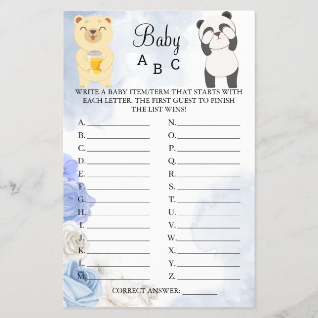 Flyer Teddy Bears Baby ABC Shower Game card (Frente)