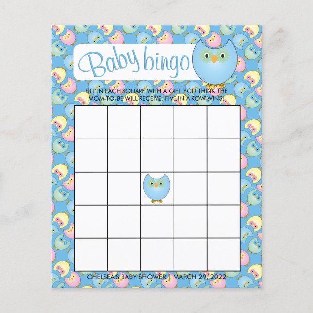Flyer Tema de Baby Shower Pastel Blue Cute Owl - Bingo (Frente)