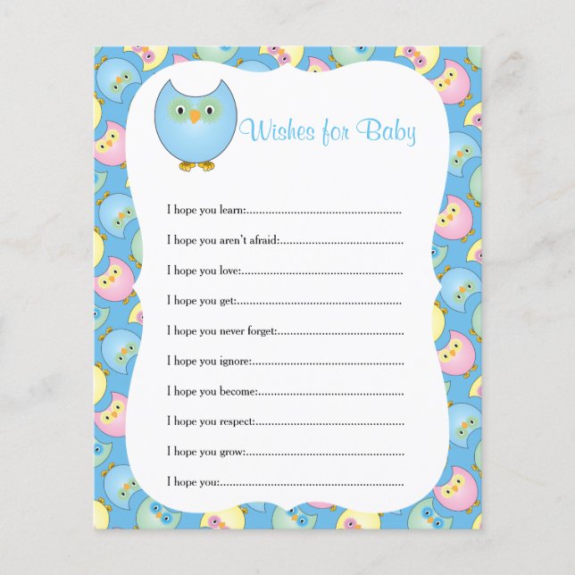 Flyer Tema de Baby Shower Pastel Blue Cute Owl - Deseos (Frente)