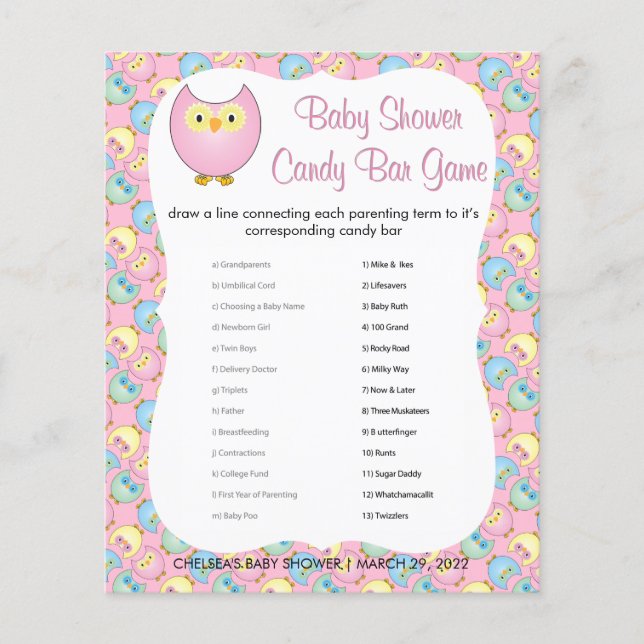 Flyer Tema de Baby Shower Pastel Pink Cute Owl | Juego (Frente)