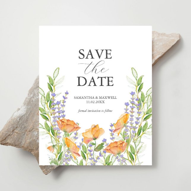 Flyer Tema del Boda de Flores Silvestres Guardar la fech (Budget wedding save the date watercolor orange and purple flowers by Victoria Grigaliunas)