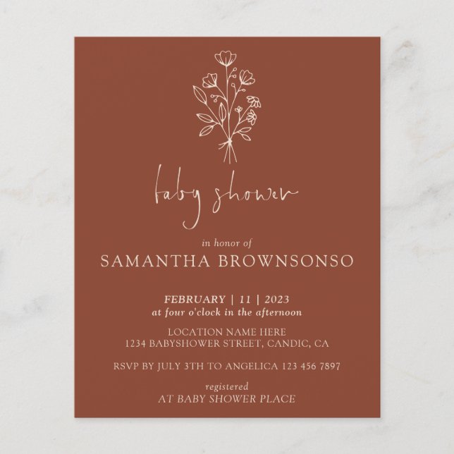 Flyer Terracotta Floral Bouquet Budget Baby Shower (Frente)