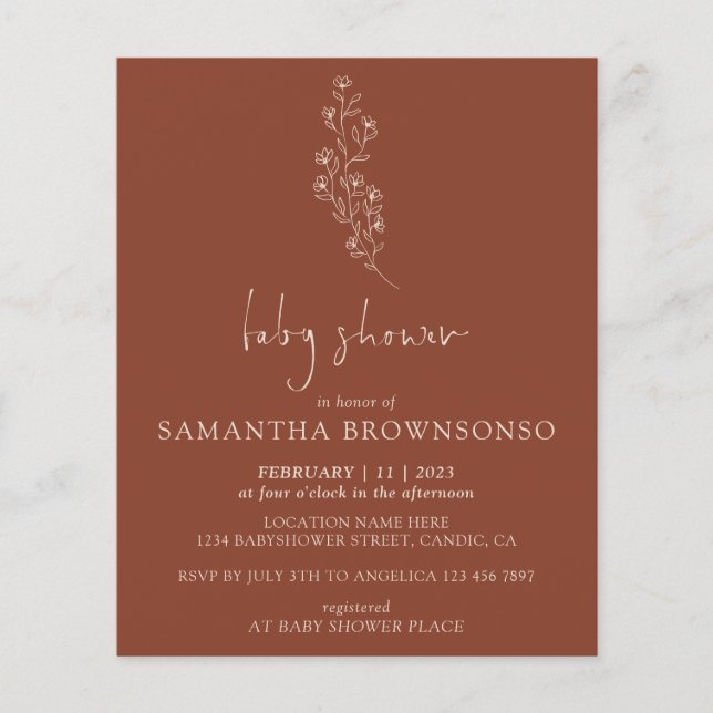 Flyer Terracotta Indie Rustic Budget Baby Shower (Frente)