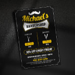 Flyer Tienda de peluquería clásica de barbería con corte<br><div class="desc">¡Dale a tu peluquería un aspecto clásico y profesional con esta llamativa plantilla de volante de personalizable! Este diseño presenta una intemporal combinación de colores negro y amarillo con un servicio claro y conciso e información sobre precios. Perfecto para atraer nuevos clientes e impulsar su marca. Personalice fácilmente este folleto...</div>