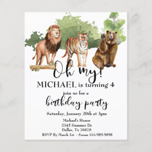 Flyer Tigre León Oso Oh Mi Selva Tema Acuarela Invi