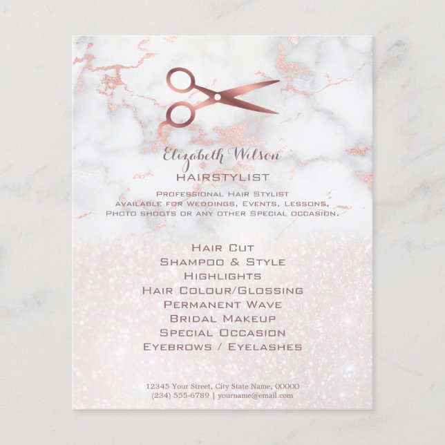 Flyer tijeras de peinado sobre mármol rosa (Frente)