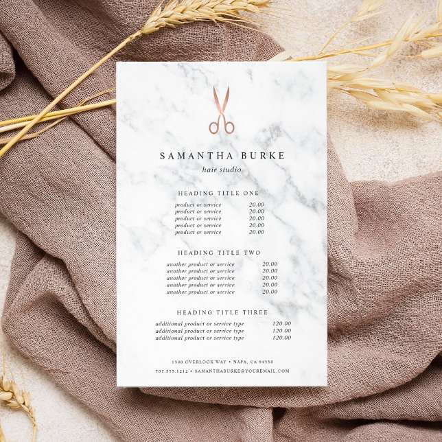 Flyer Tijeras de Salón de Mármol Rosa Oro Precios y Serv (Subido por el creador)