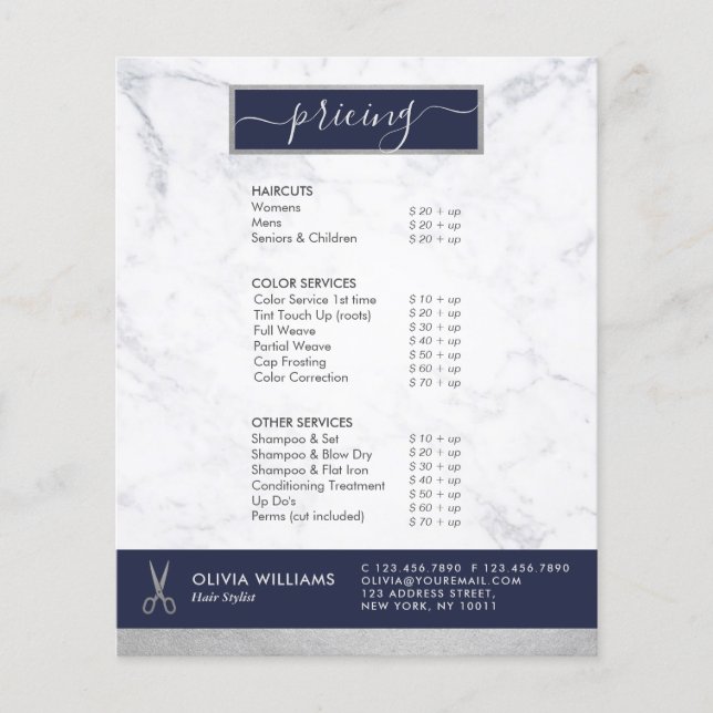 Flyer Tijeras geométricas de moda de plata mármol peluqu (Frente)