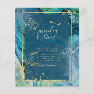 Flyer Tinta Azul Pavo Real Dorado Boda Abstracta