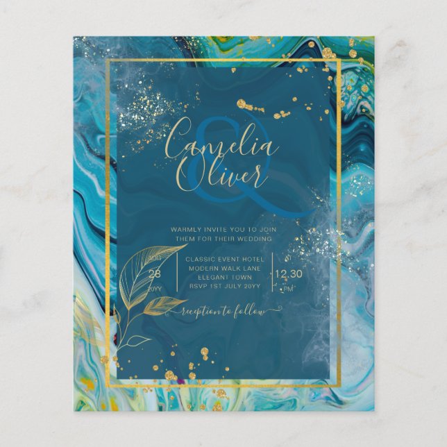 Flyer Tinta Azul Pavo Real Dorado Boda Abstracta (Frente)