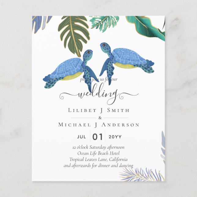 Flyer Tortugas marinas Boda amarillo azul (Frente)