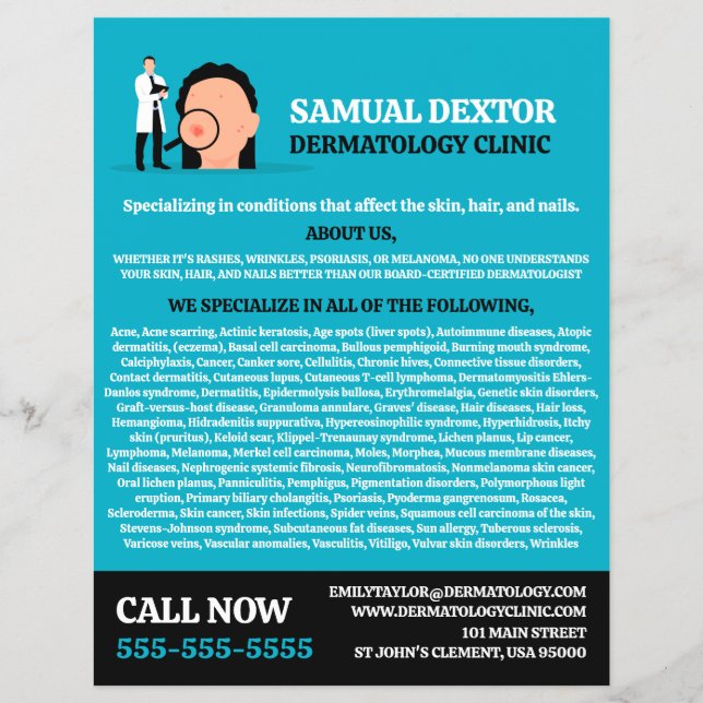 Flyer Trastornos de la piel, Dermatólogo, Clínica Dermat (Frente)