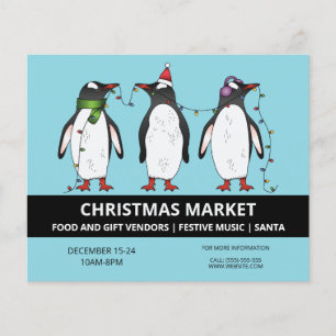 Flyer Tres pingüinos festivos sobre el azul - Mercado de