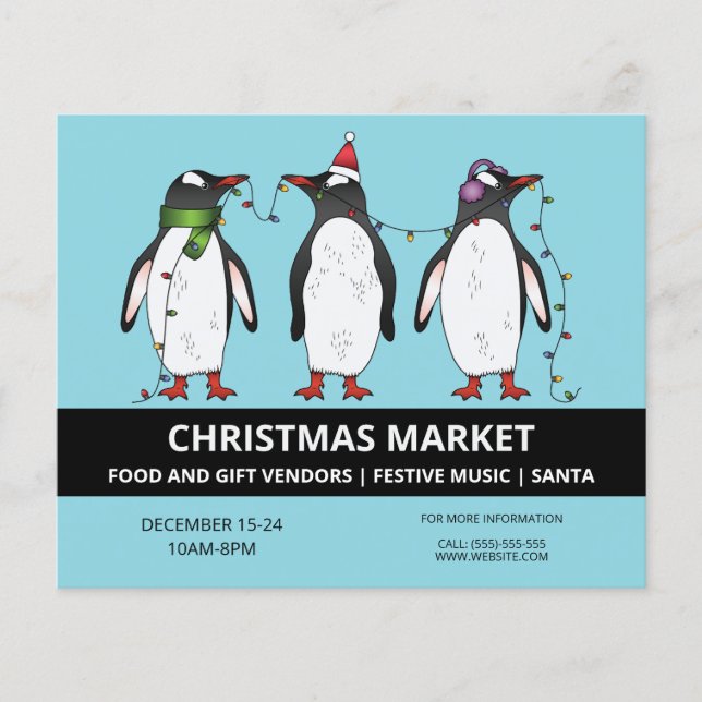 Flyer Tres pingüinos festivos sobre el azul - Mercado de (Frente)