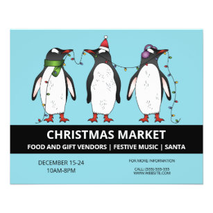 Flyer Tres pingüinos festivos sobre el azul - Mercado de