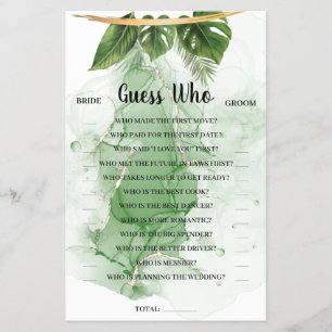 Flyer Tropical Palm Guess Who Bridal Shower Game Card