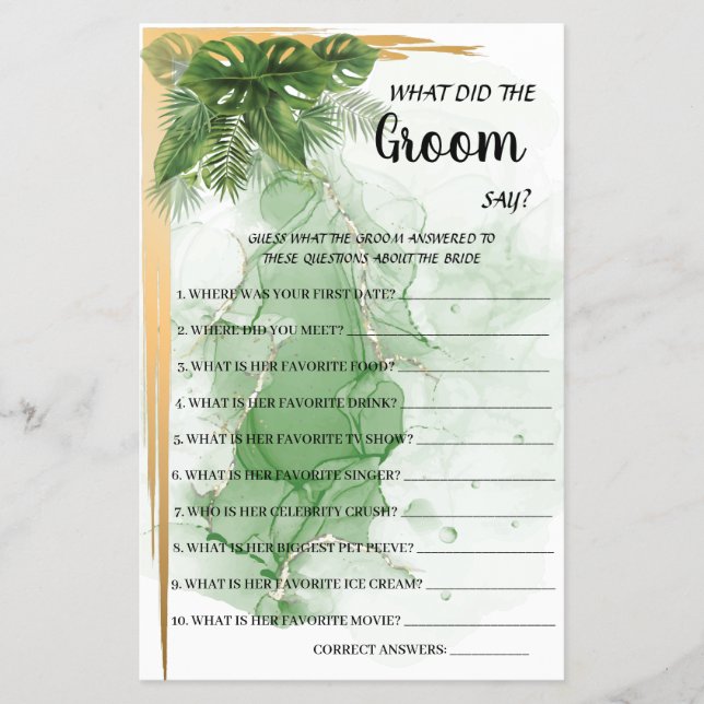 Flyer Tropical What Groom say Bridal Shower Game Card (Frente)