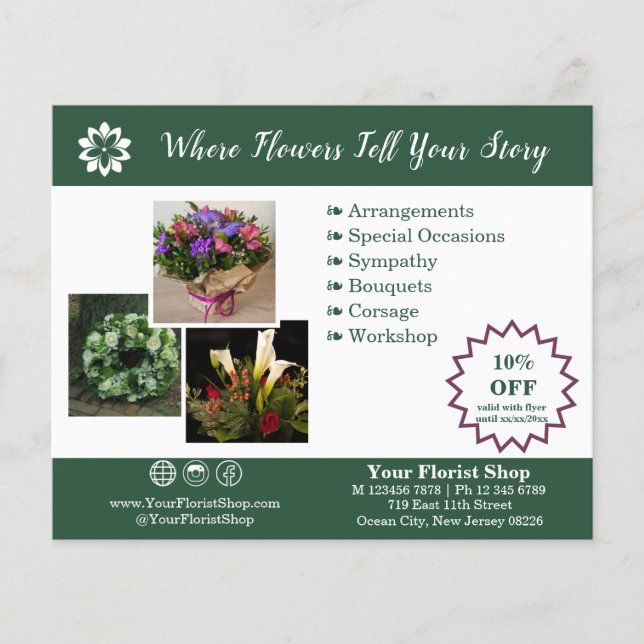 Flyer 🌸Tu tienda de floristería verde y blanco promocio (Frente)