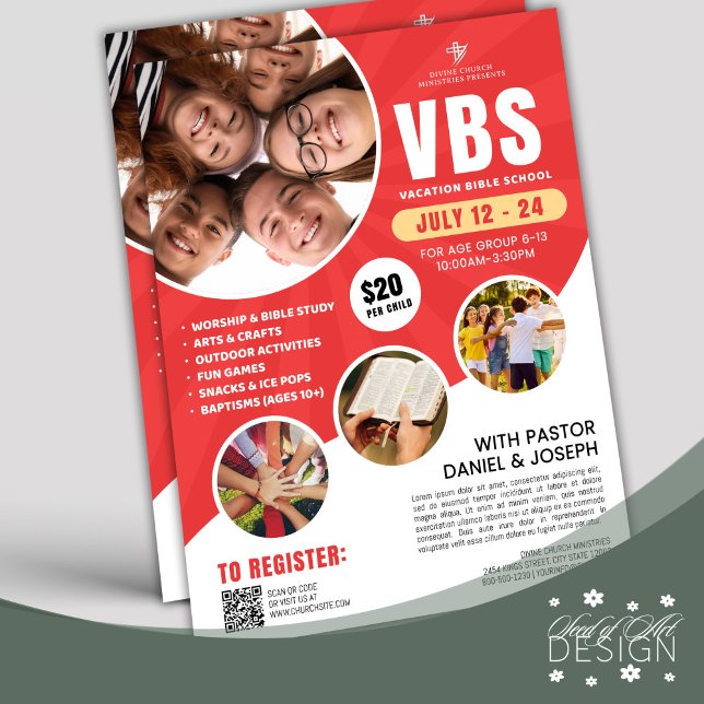 Flyer VBS rojo y blanco Vacaciones Escuela de Biblia Igl (Subido por el creador)