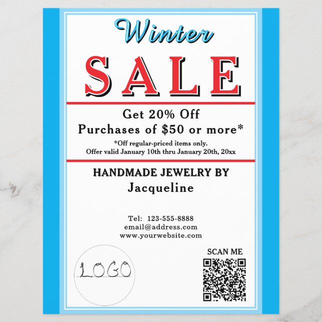 Flyer Venta de Invierno Joyería Corazón Azul Blanco (Frente)