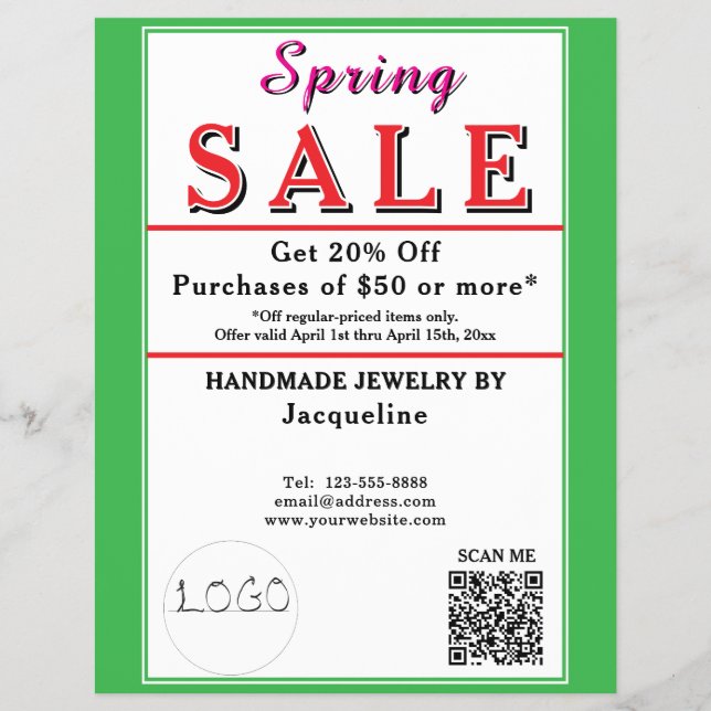 Flyer Venta de primavera Joyas Corazón Verde Blanco (Frente)