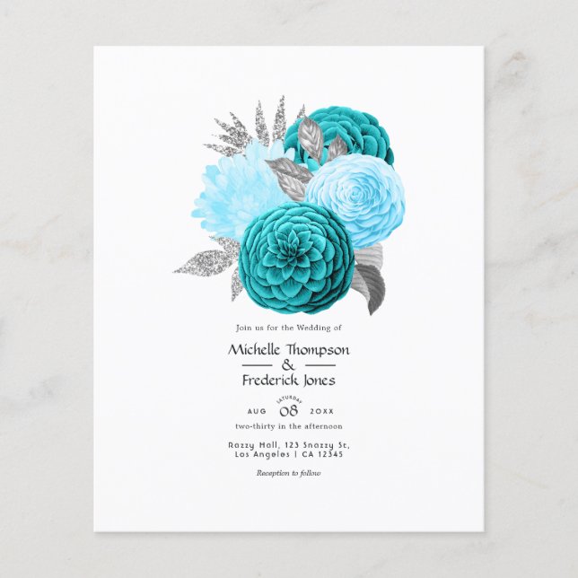 Flyer Verde azulado - Boda floral turquesa y plateado (Frente)