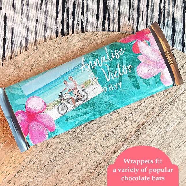 Flyer Verde azulado tropical, Boda rosado envolvimiento  (tropical wedding party favor candy bar wrapper, pink plumeria flowers turquoise leaves, budget label)