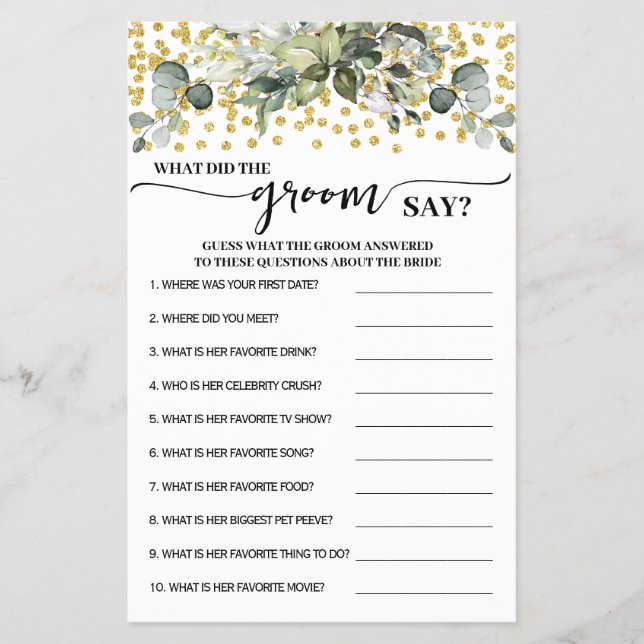 Flyer Verdor de oro Lo que dijo Groom Say Shower Game Ca (Frente)