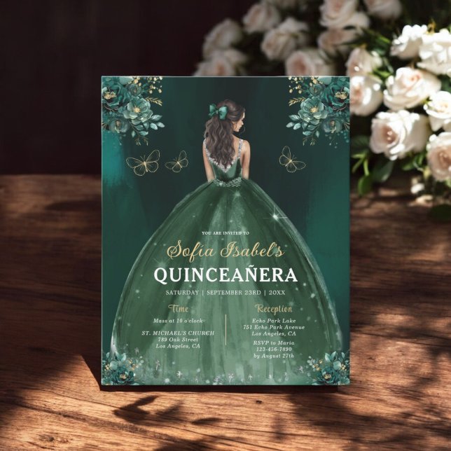 Flyer Vestido verde esmeralda floral Cumpleaños Quincean (Subido por el creador)