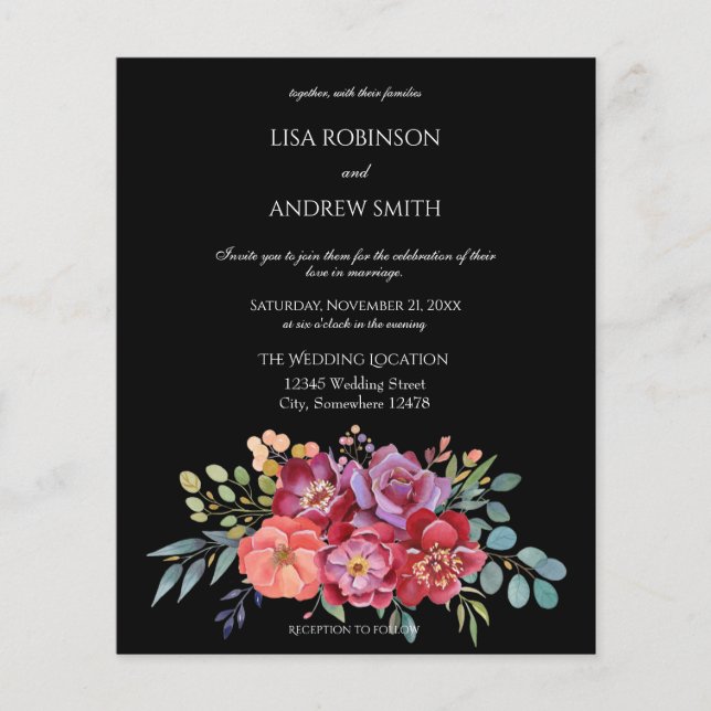 Flyer Viajero Boda Floral Negro Rosado Presupuestario (Frente)