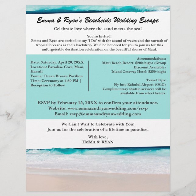 Flyer Viajero de Bodas de Playa Asequible (Frente)