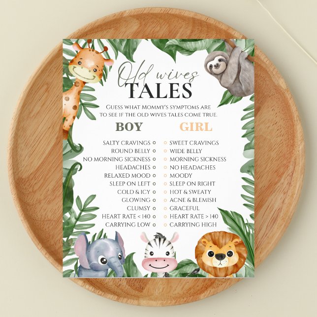 Flyer Viejas esposas cuentan juego de Baby Shower Retro  (Safari-inspired 'Old Wives Tales' gender guessing baby shower game - A Little Wild One theme




)