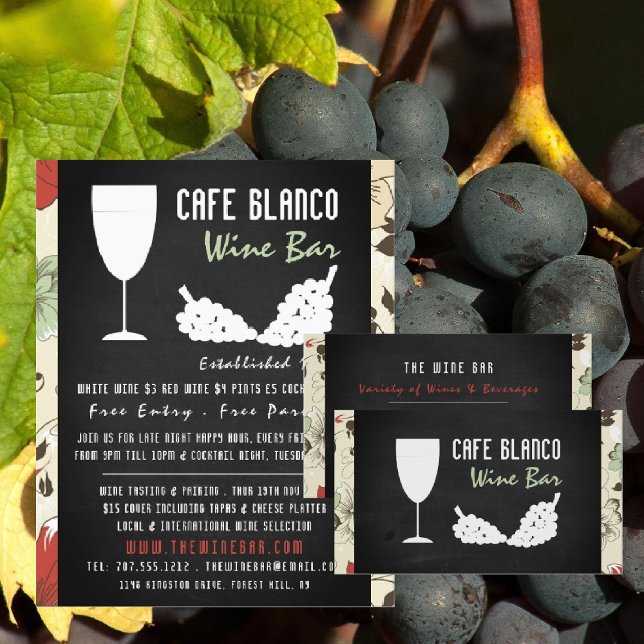 Flyer Vino Y Uvas, Bar De Vino Floral De Chalkboard/Vino (Subido por el creador)