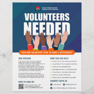 Flyer Voluntarios necesarios manos profesionales azul y