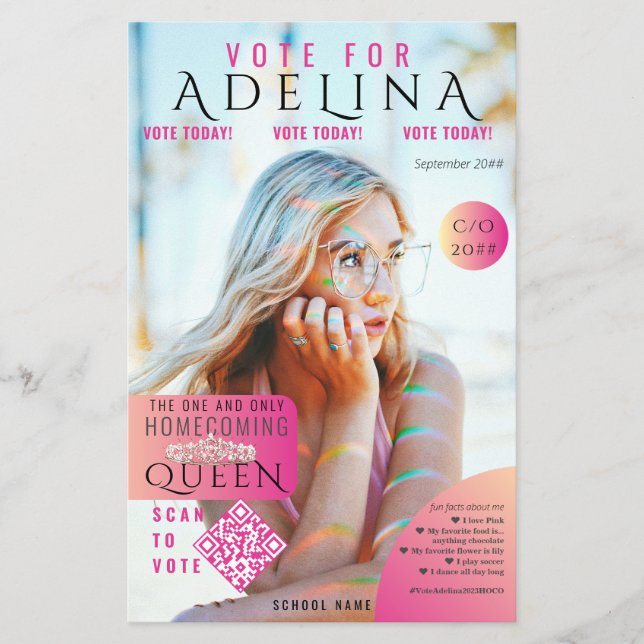 Flyer Votar Homecoming Queen Pink Magazine Style HOCO (Frente)