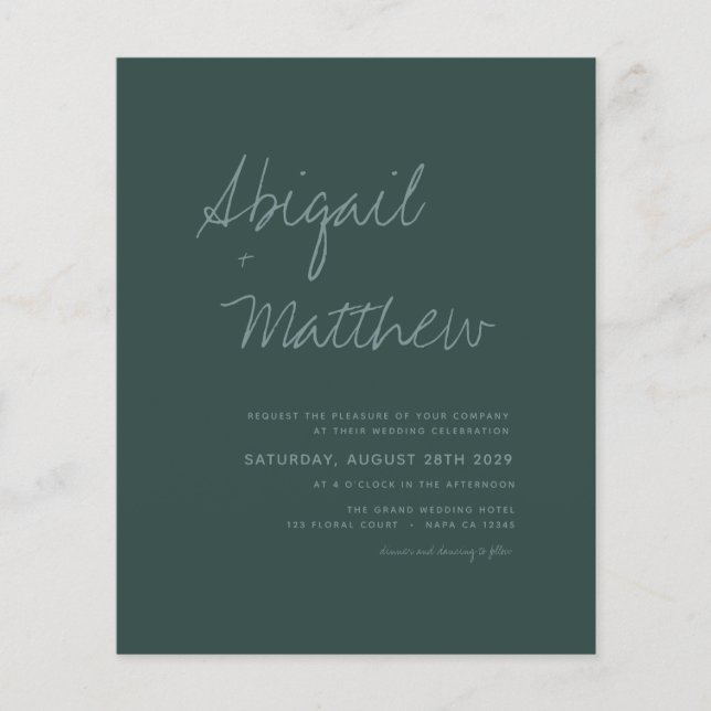 Flyer Vuelo de invitación a la boda simple verde esmeral (Frente)