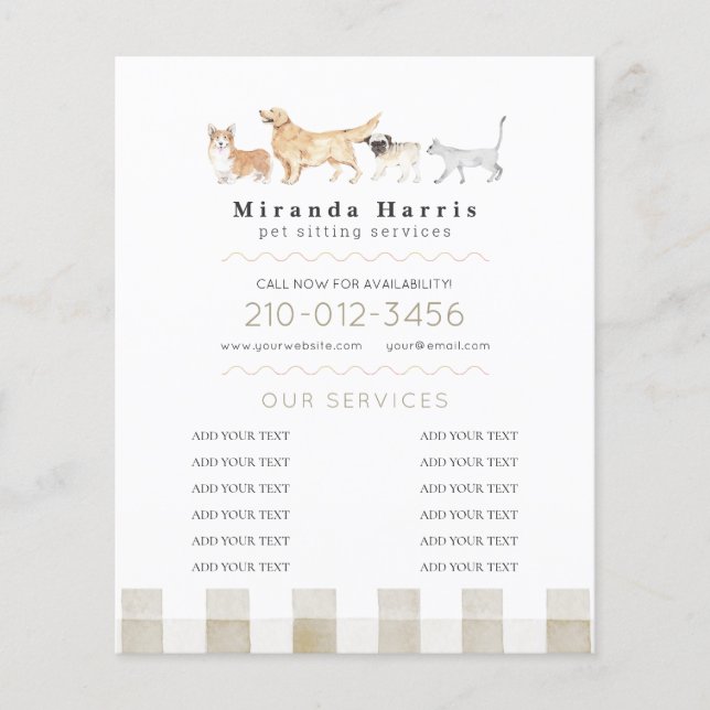 Flyer Watercolor Animals Pet Sitter Dog Walker Business (Frente)