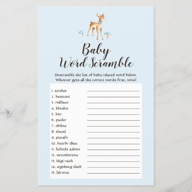 Flyer Watercolor Boy Deer Mushrooms Baby Word Scramble (Frente)