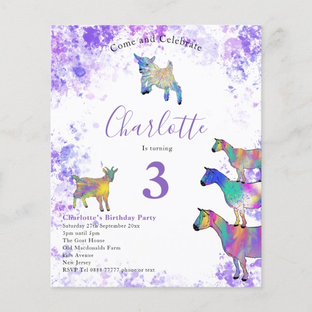 Flyer Watercolor de las Cabras Partido Cumpleaños Purple (Frente)