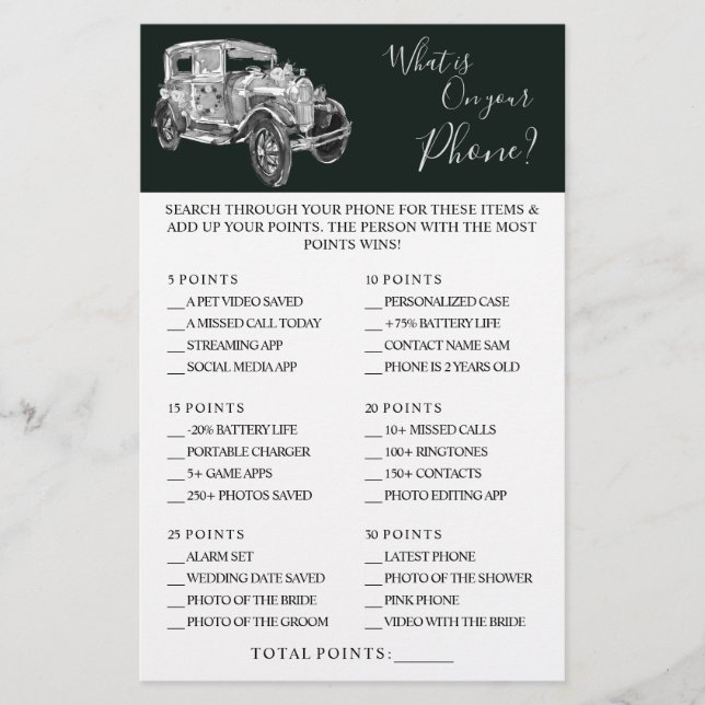 Flyer Wedding Car What is on your Phone Shower Game Card (Frente)