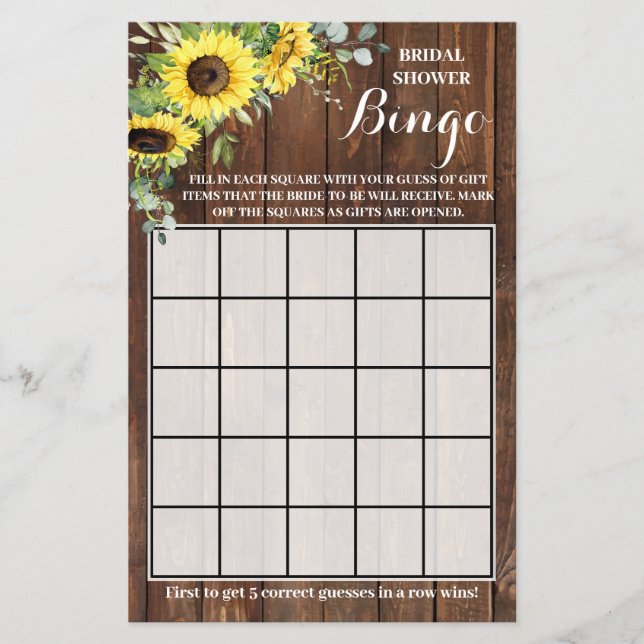 Flyer Western Sunflowers Green Shower Bingo Game Card (Frente)