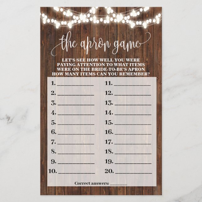 Flyer Western The Apron Bridal Shower Game Card (Frente)
