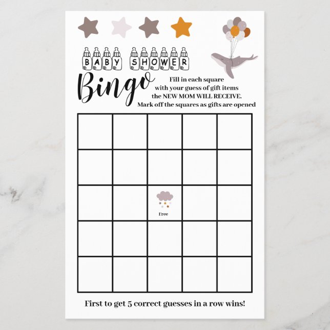 Flyer Whale Baby Shower Beautiful Dream Bingo Game Card (Frente)